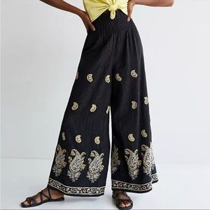 Anthropologie Black Cotton Smocked Wide Leg Embroidered Pants